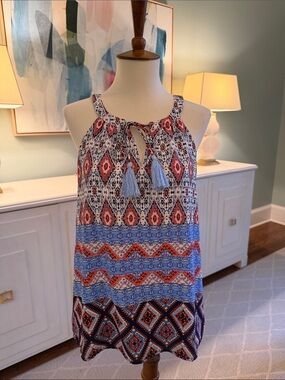 Jade Boho Print Tassel Halter Tank Top - Blue & Coral